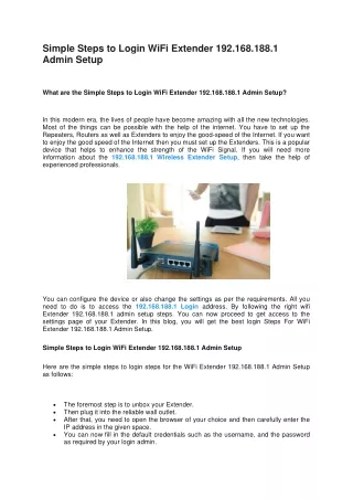 Simple Steps to Login WiFi Extender 192.168.188.1 Admin Setup