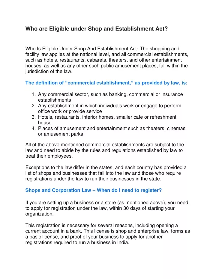 who are eligible under shop and establishment act