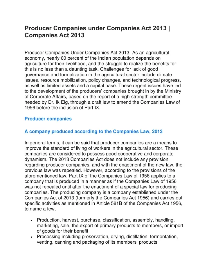 producer companies under companies act 2013