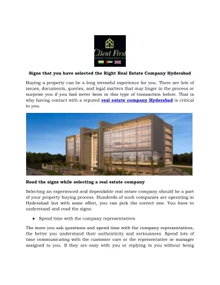 Signs that you have selected the Right Real Estate Company Hyderabad