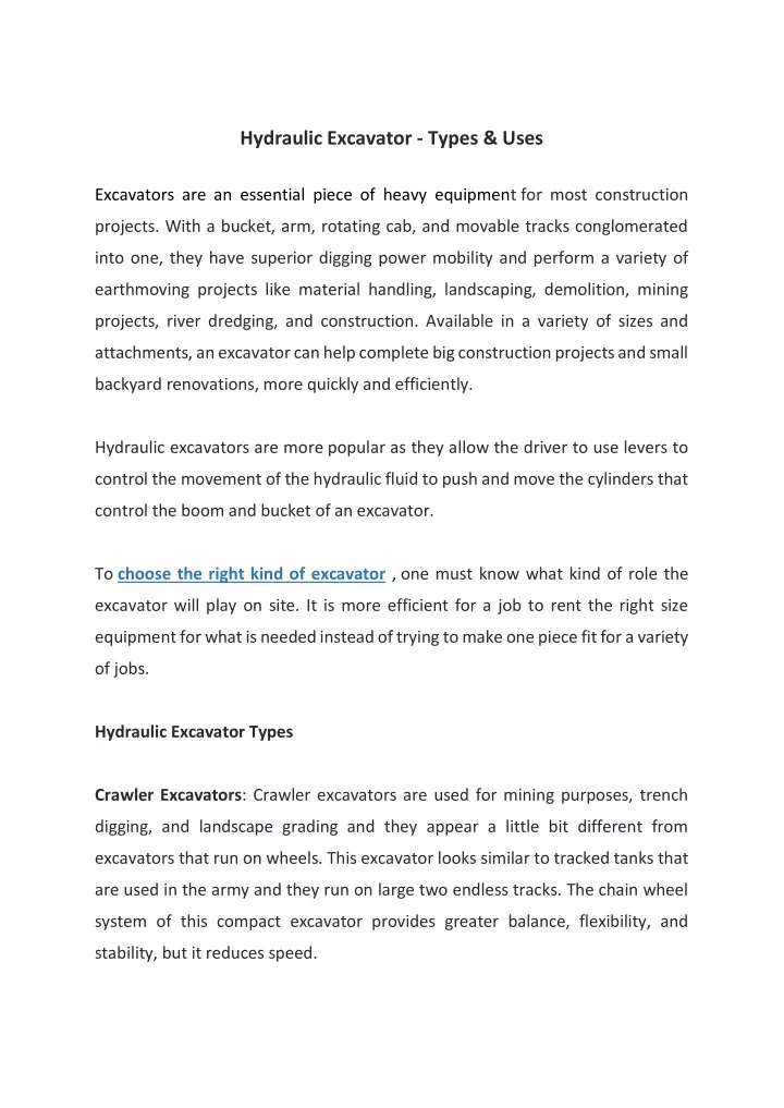 hydraulic excavator types uses