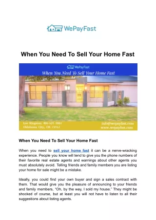 when you need to sell your home fast