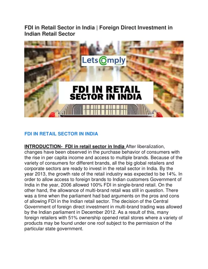 fdi in retail sector in india foreign direct