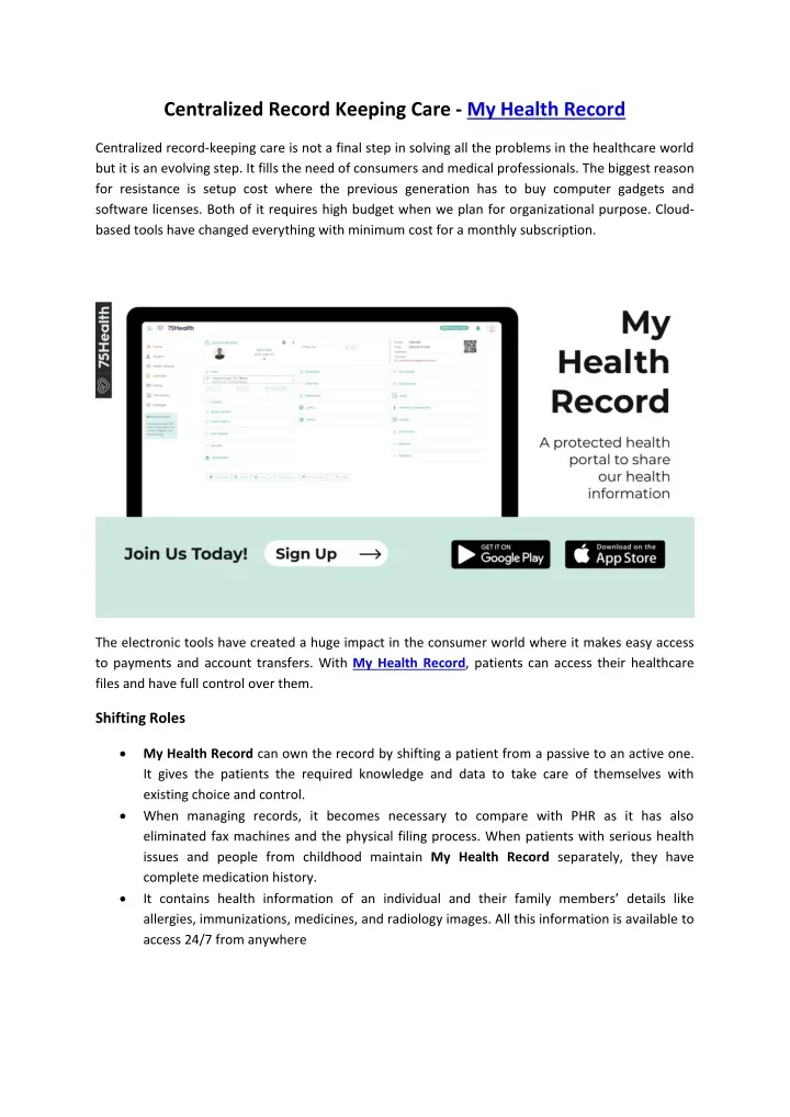 centralized record keeping care my health record