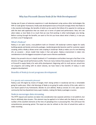 Why has Piccosoft Chosen Node JS for Web Development