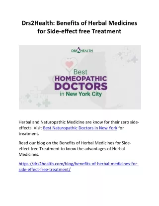 Drs2Health: Benefits of Herbal Medicines for Side-effect free Treatment