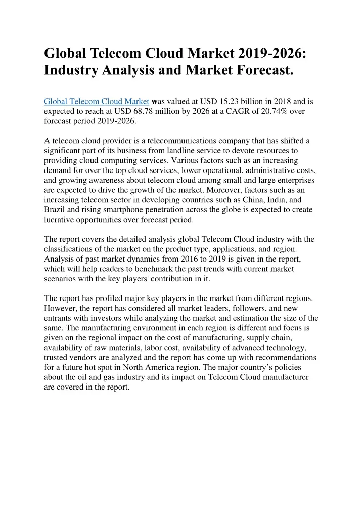 global telecom cloud market 2019 2026 industry