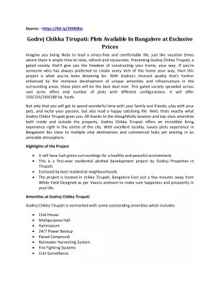 Godrej Chikka Tirupati: Plots Available In Bangalore at Exclusive Prices