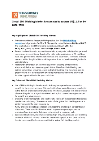 Global EMI Shielding Market is estimated to surpass US$11.4 bn by 2027: TMR