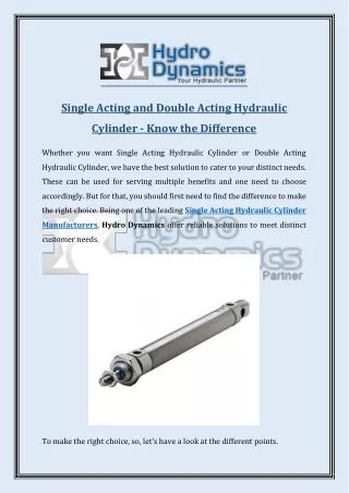 Single Acting and Double Acting Hydraulic Cylinder - Know the Difference