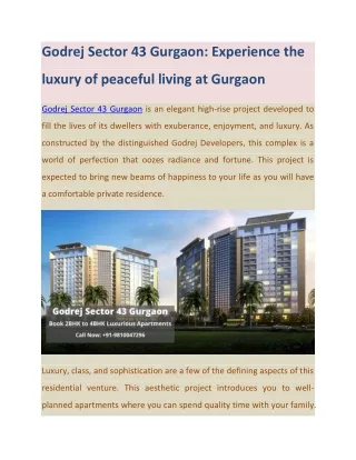 Godrej Sector 43 Gurgaon: Experience the luxury of peaceful living at Gurgaon
