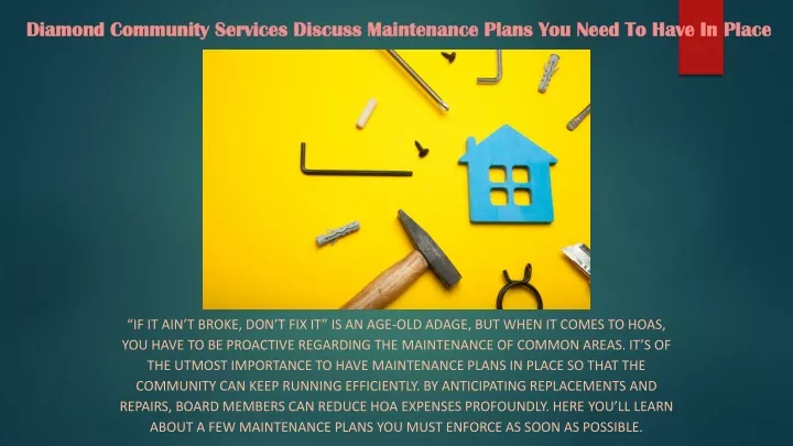 diamond community services discuss maintenance plans you need to have in place