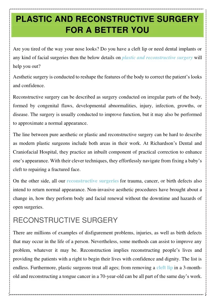 plastic and reconstructive surgery for a better