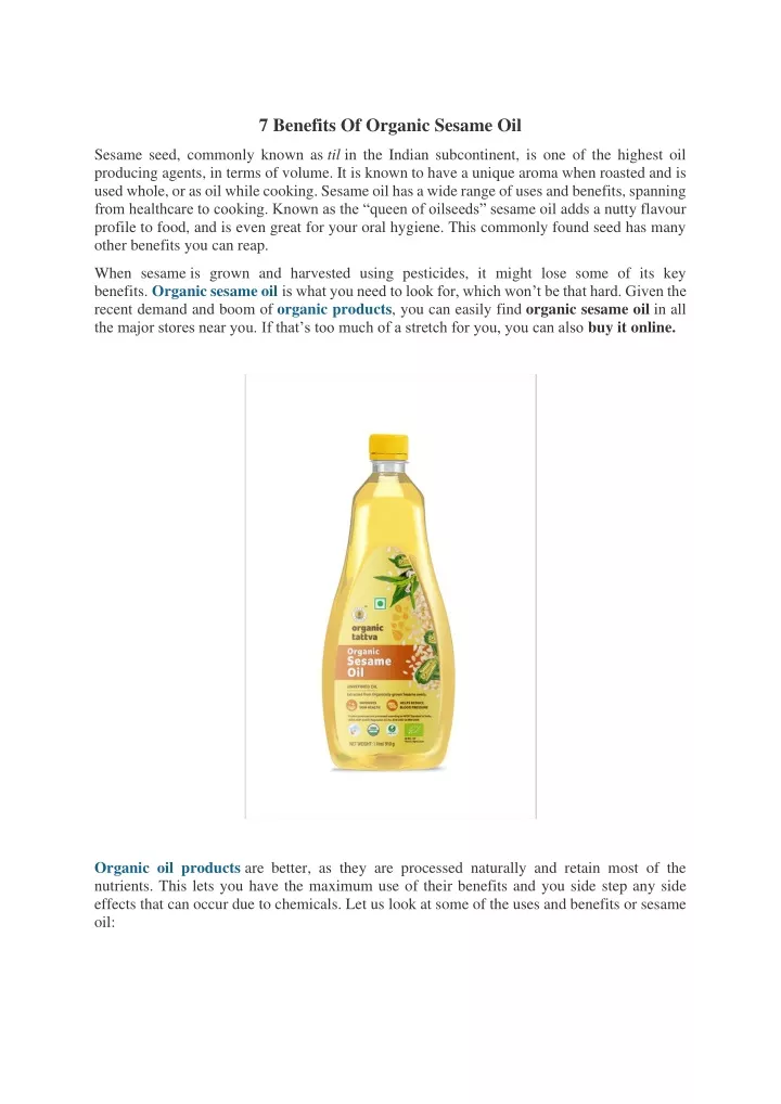 7 benefits of organic sesame oil