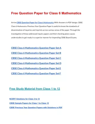 free question paper for class 6 mathematics
