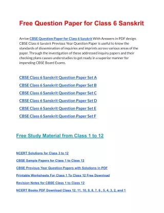 free question paper for class 6 sanskrit