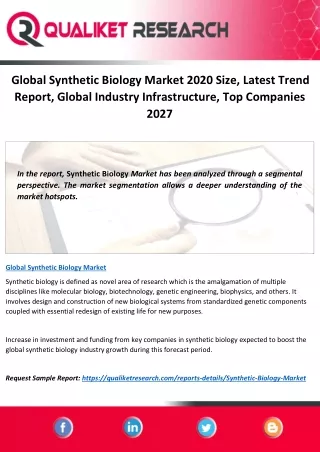 Global Synthetic Biology Market 2020 Size, Latest Trend Report, Global Industry Infrastructure, Top Companies 2027
