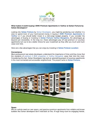 What makes it worth buying 2BHK Premium Apartments in Varthur at Sohan Fortune ?