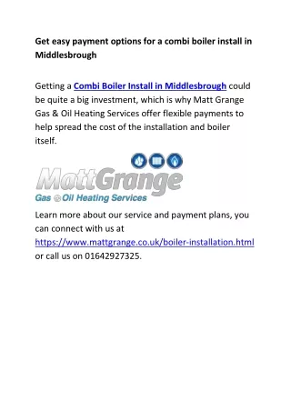 Get easy payment options for a combi boiler install in Middlesbrough