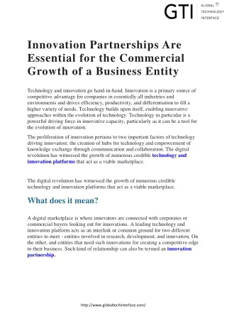 Innovation Partnerships Are Essential for the Commercial Growth of a Business Entity