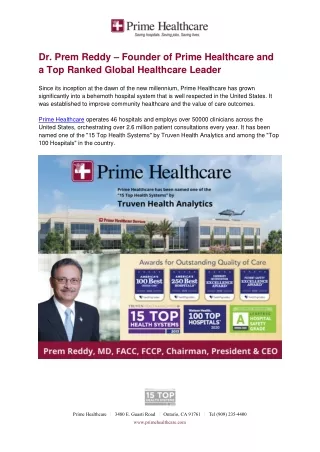 Dr Prem Reddy - Founder of Prime Healthcare and a Top Ranked Global Healthcare Leader