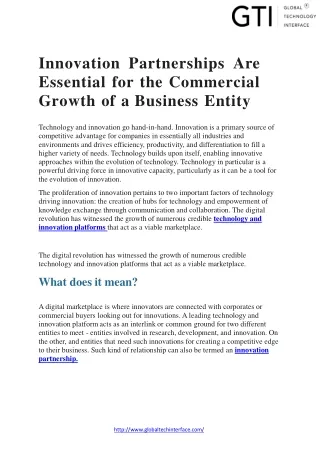 Innovation Partnerships Are Essential for the Commercial Growth of a Business Entity