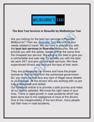 Get the Best Taxi Services in Rowville by Melbourne Taxii