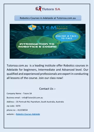 robotics courses in adelaide at tutorssa com au