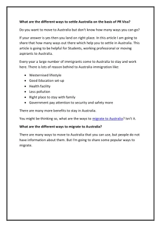 What are the different ways to settle Australia on the basis of PR Visa