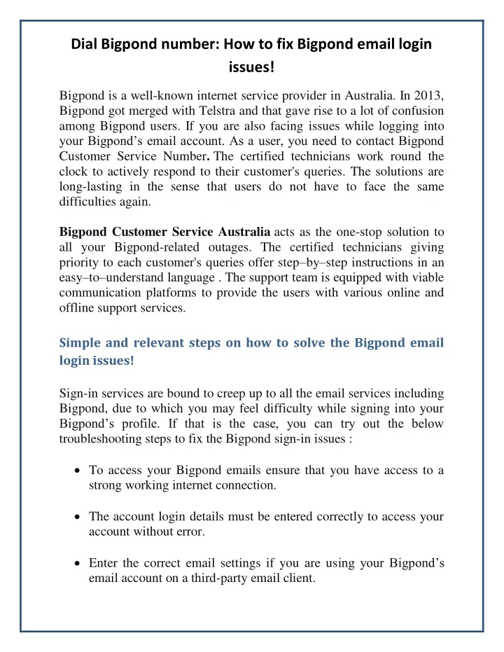 dial bigpond number how to fix bigpond email