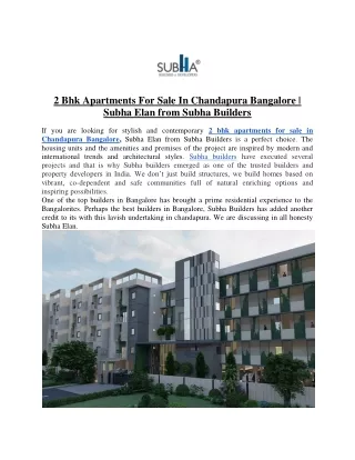 2 Bhk Apartments For Sale In Chandapura Bangalore - Subha Elan from Subha Builders