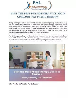 Visit the Best Physiotherapy Clinic in Gurgaon- Pal Physiotherapy