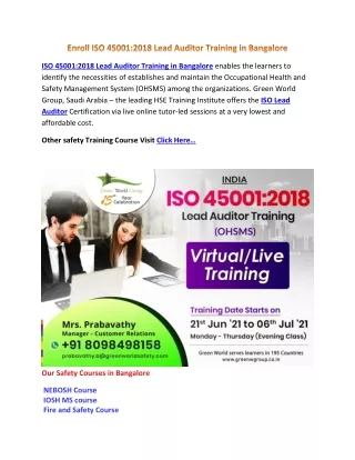 iso 45001 2018 lead auditor training in bangalore