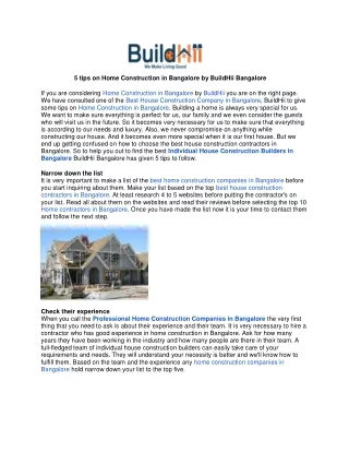 5 tips on Home Construction in Bangalore by BuildHii Bangalore