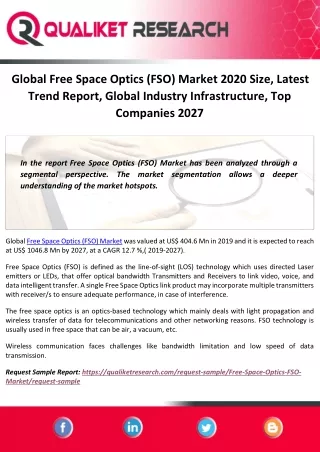 Global Free Space Optics (FSO) Market 2020 Size, Latest Trend Report, Global Industry Infrastructure, Top Companies 2027