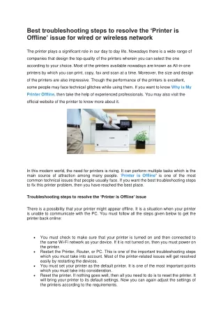 Best troubleshooting steps to resolve the ‘Printer is Offline’ issue for wired or wireless network