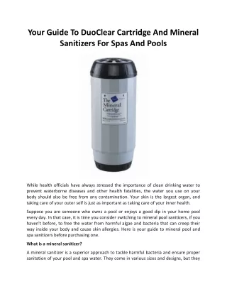 Your Guide to DUO Clear Cartridge AND Mineral Sanitizers For Spas And Pools
