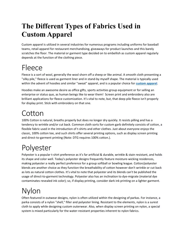 the different types of fabrics used in custom