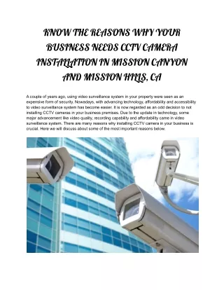 KNOW THE REASONS WHY YOUR BUSINESS NEEDS CCTV CAMERA INSTALLATION IN MISSION CANYON AND MISSION HILLS, CA