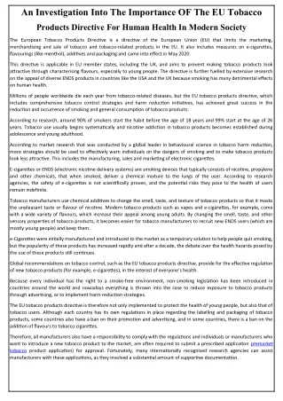 An Investigation Into The Importance OF The EU Ttobacco Products Directive For Human Health In Modern Society
