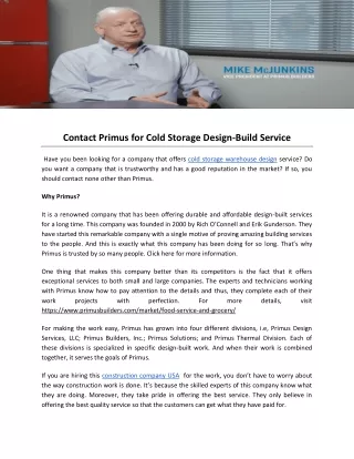 contact primus for cold storage design build