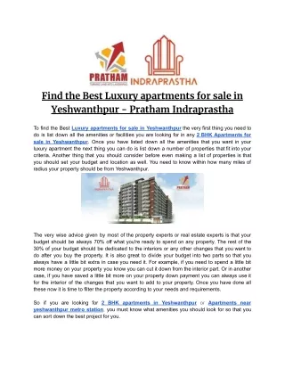Find the Best Luxury apartments for sale in Yeshwanthpur - Pratham Indraprastha