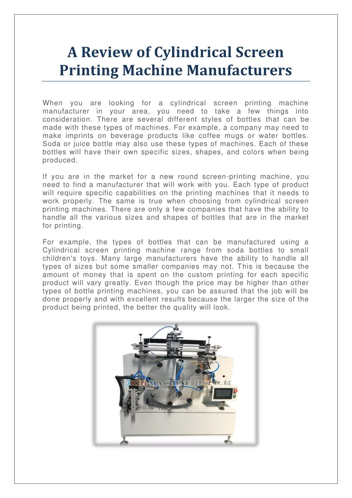 a review of cylindrical screen printing machine