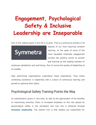 Engagement, Psychological Safety and Inclusive Leadership are Inseparable