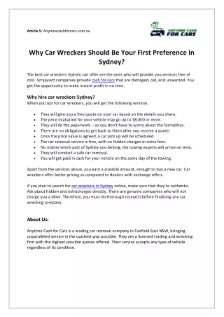 Why Car Wreckers Should Be Your First Preference In Sydney?