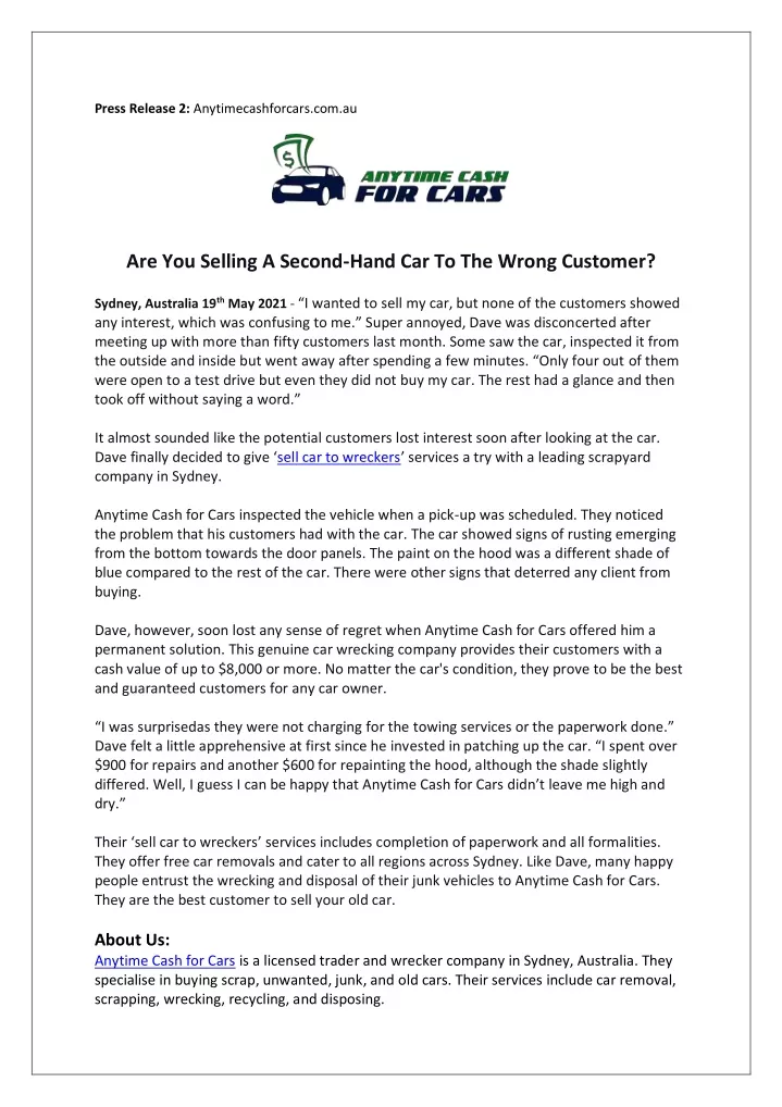 press release 2 anytimecashforcars com au