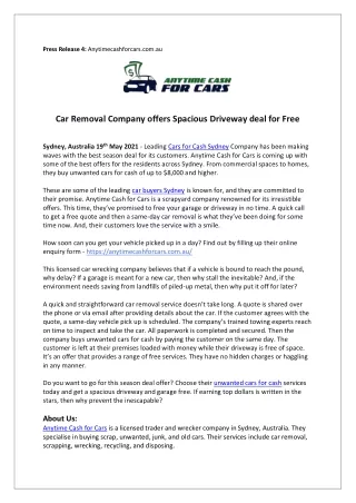 Car Removal Company offers Spacious Driveway deal for Free