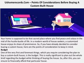 Ushomerecords.Com – Points Of Considerations Before Buying A Custom-Built House