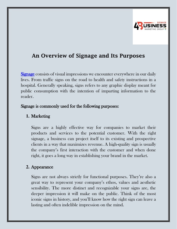 an overview of signage and its purposes