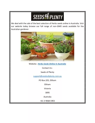 Herbs Seeds Online in Australia | Seeds of Plenty